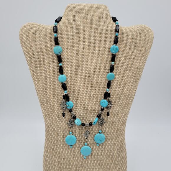 Womens Turquoise Necklace 18" Black Silver Beaded Collar Statement Jewlery - Picture 8 of 8